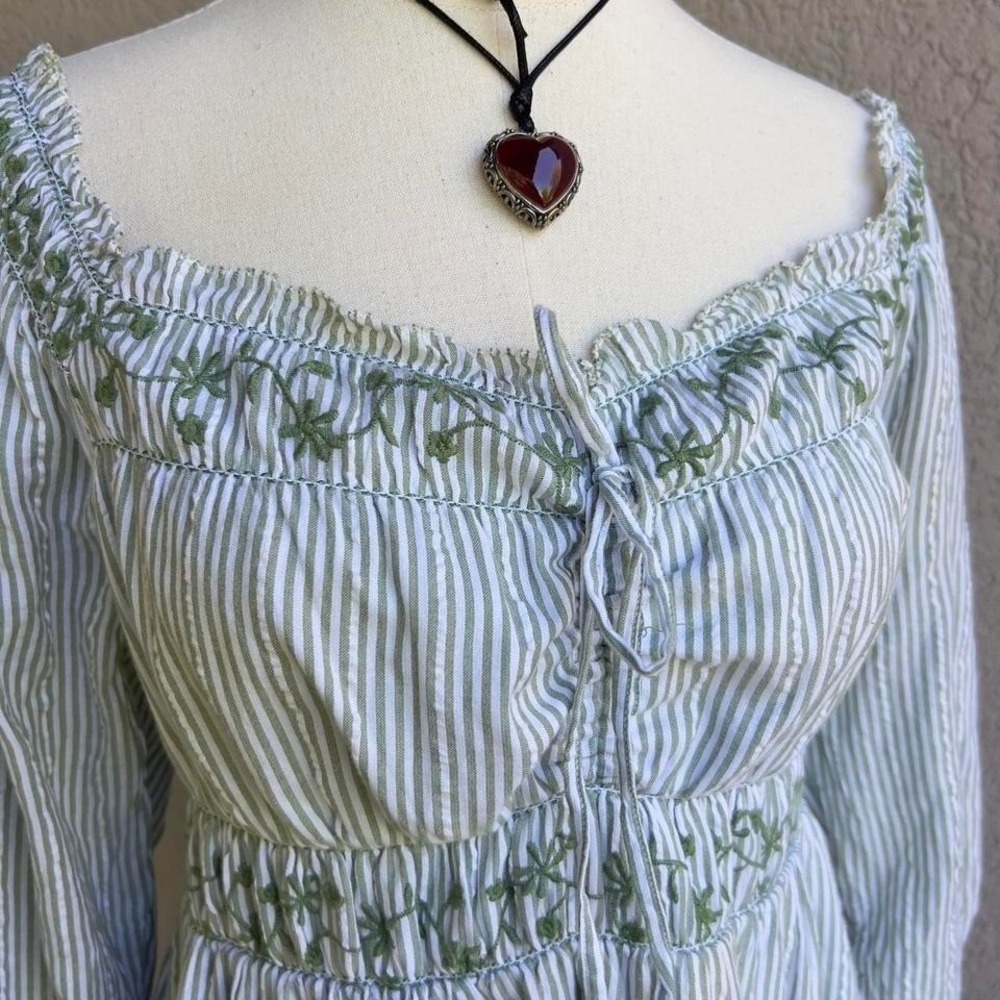 American Eagle Green Striped Long Sleeve Mini Dress Boho Cottagecore Sz Medium - Picture 5 of 8
